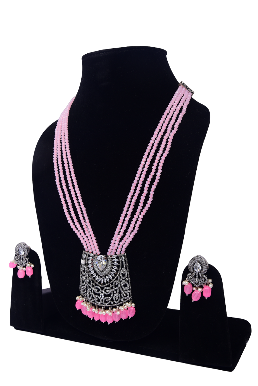 Namokriti Elegant Pink Beaded Necklace Set with Antique Pendant – Perfect for Festive Glam!